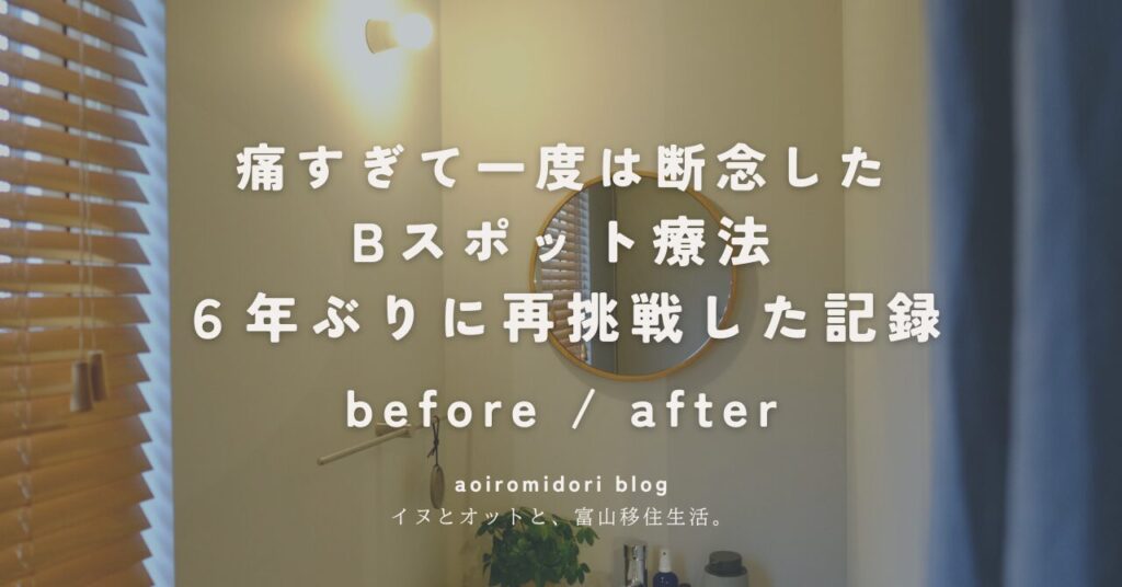 北欧テイストの洗面台の画像にブログのタイトル「痛すぎて一度は断念したBスポット療法に６年ぶりに再挑戦した記録ビフォーアフター」の表記がある