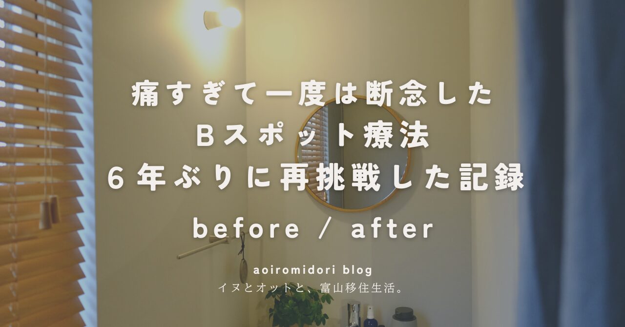 北欧テイストの洗面台の画像にブログのタイトル「痛すぎて一度は断念したBスポット療法に６年ぶりに再挑戦した記録ビフォーアフター」の表記がある