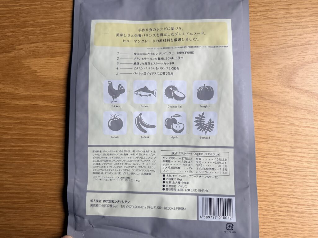 モグワンのパッケージ裏面、原材料名や成分表示